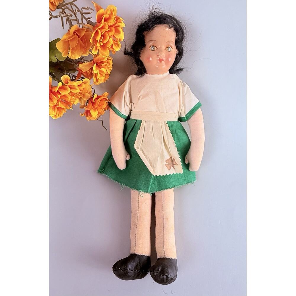 Irish Folk Art Doll Papier Mache Head Cloth Body Clover Dress 14” Boudoir VTG
